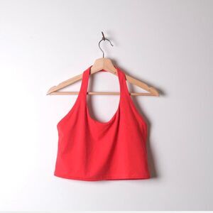 Athleta Coral Red Halter Crop Top Built-In Bra XL